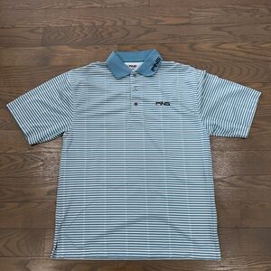 Ping Men's Light Blue and White Striped Polo